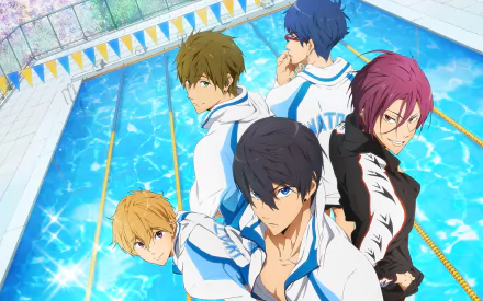 A vibrant HD wallpaper featuring characters Makoto Tachibana, Rei Ryūgazaki, Haruka Nanase, Rin Matsuoka, and Nagisa Hazuki from the anime Free!, set against a shimmering pool backdrop.