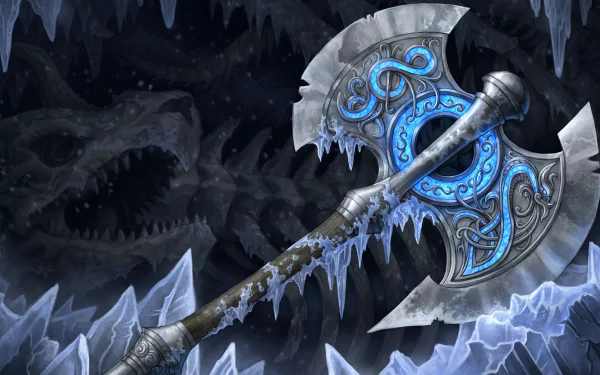 A detailed fantasy scene featuring a majestic dragon in the background, with an intricate, icy double-headed axe prominently displayed in the foreground. 4K Ultra HD imagery enhances the visual impact.