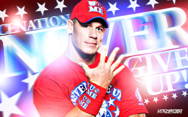 HD WWE wallpaper featuring John Cena in a red shirt with the slogan Never Give Up, set against a vibrant American flag-inspired backdrop.