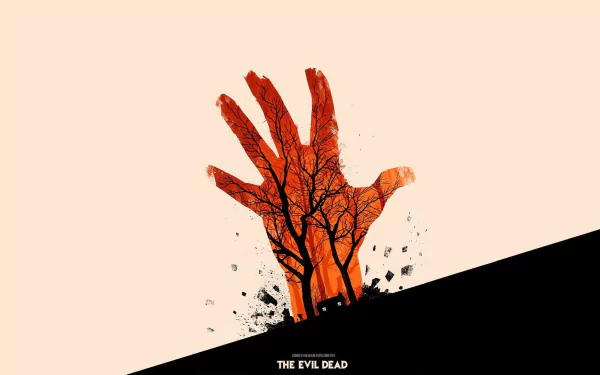 HD PC desktop wallpaper featuring a stylized blood-red hand with tree branches from the horror movie The Evil Dead (1981).