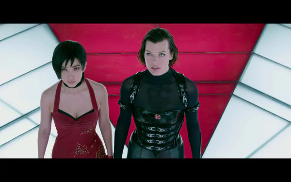 Two strong female characters from *Resident Evil: Retribution* stand confidently in a striking, geometric backdrop, showcasing their determination in this HD desktop wallpaper.