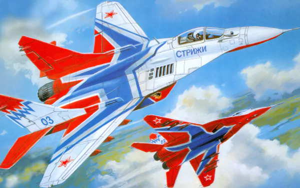 5K Ultra HD PC desktop wallpaper/background of two military Mikoyan MiG-29 jets in red, white and blue aerobatic livery soaring above clouds.