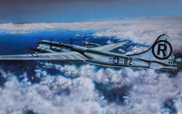 An 8K Ultra HD military wallpaper featuring a Boeing B-29 Superfortress flying above the clouds with clear skies in the background.