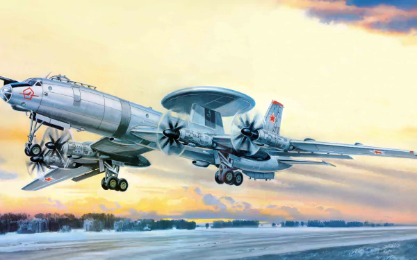 Military Tupolev Tu-126 AWACS with large dorsal radar dome landing over a snowy runway at sunrise - 8K Ultra HD PC desktop wallpaper/background.