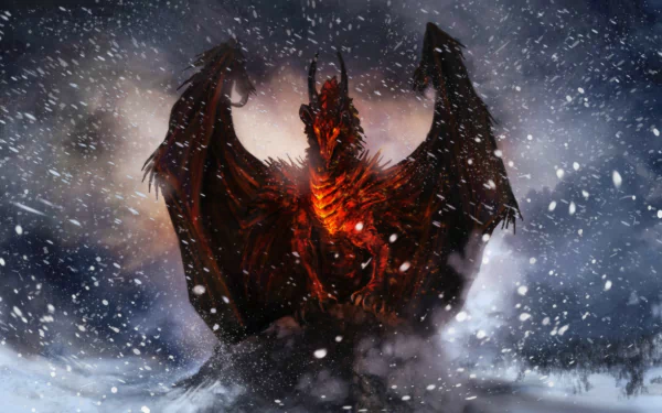 HD fantasy desktop wallpaper featuring a fiery dragon emerging through a snowstorm, wings spread wide against a dark, dramatic sky.