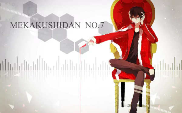 HD anime desktop wallpaper featuring Shintaro Kisaragi from Kagerou Project seated on a red throne with a confident pose and geometric background elements.