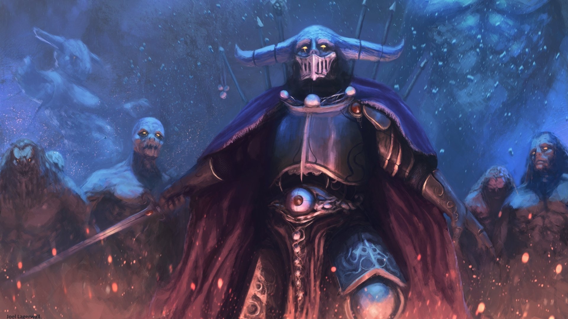 Dark warrior in horned helmet and eye-emblazoned armor leads shadowy undead in a 2K Quad HD PC desktop wallpaper background, blue-purple battlefield with embers and drifting ash.