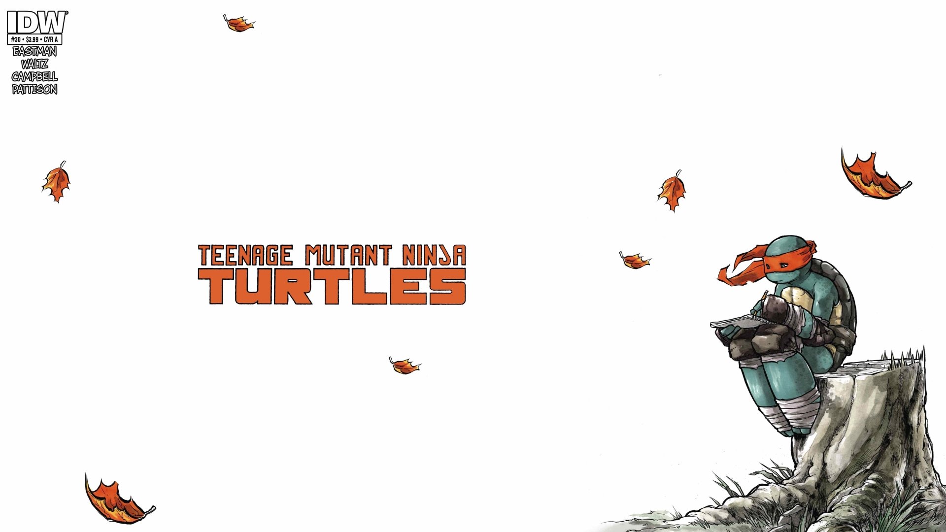 Comic-style Teenage Mutant Ninja Turtles 4K Ultra HD PC desktop wallpaper: solitary Turtle in a red mask sits on a rocky ledge, autumn leaves fall around the logo.