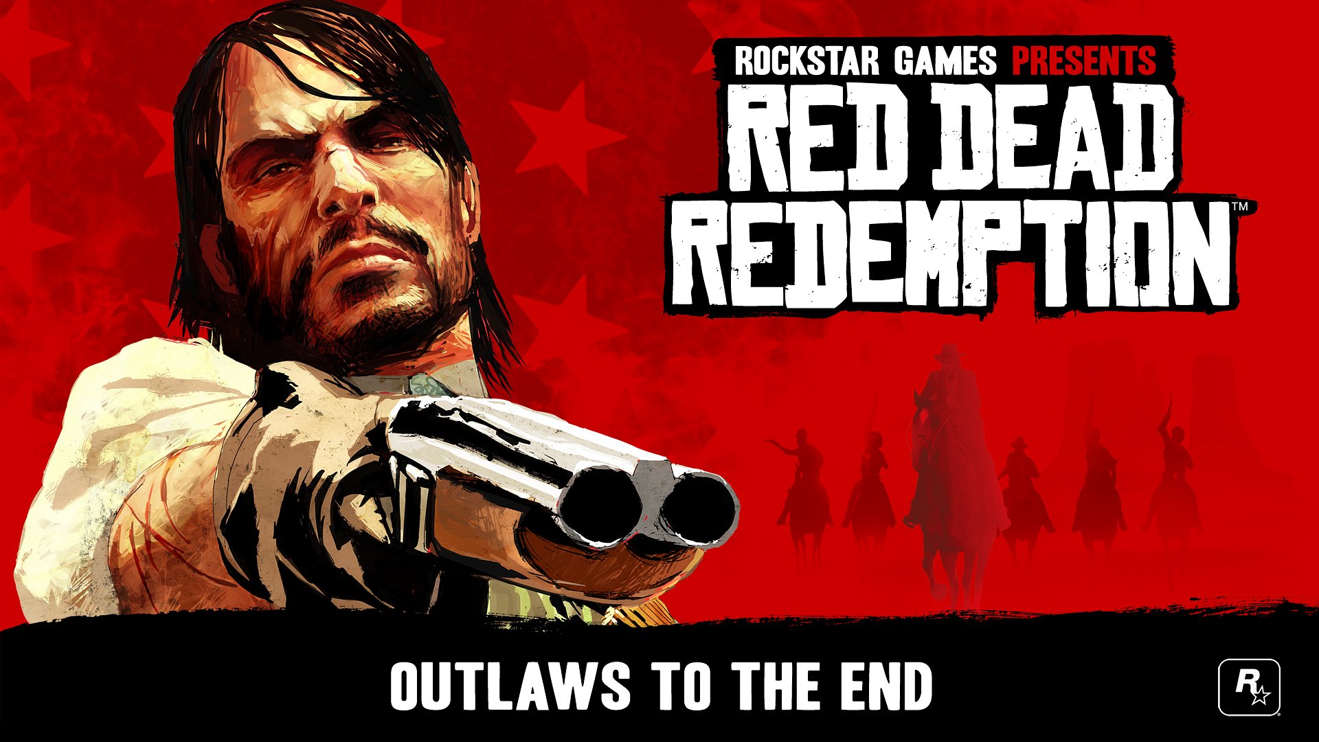 HD PC desktop wallpaper featuring Red Dead Redemption artwork with a rugged outlaw aiming a shotgun against a red background, highlighting the video game's iconic style.