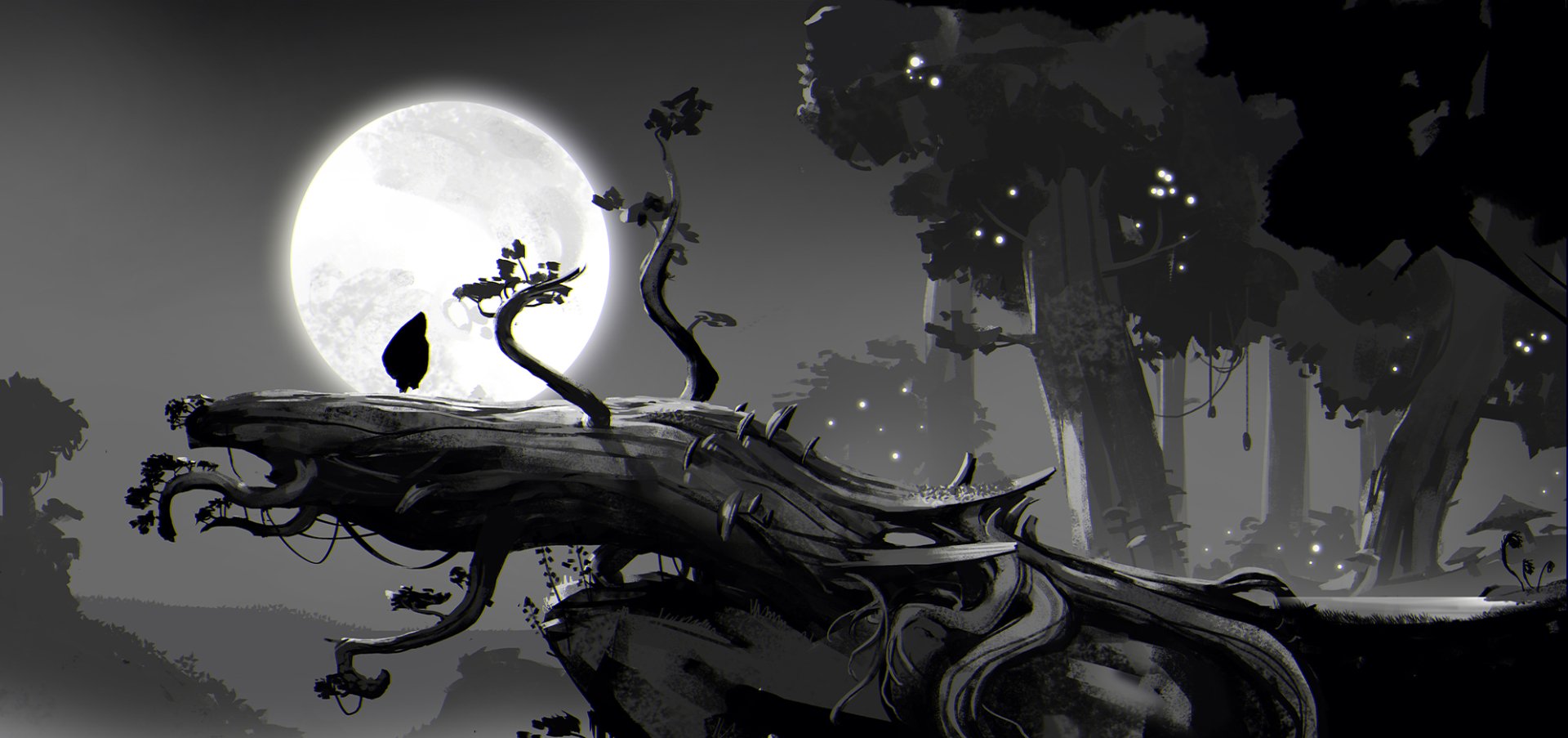 HD PC desktop wallpaper from the video game Ori and the Blind Forest, featuring Ori and a glowing companion on a twisted branch under a bright full moon in a dark forest.