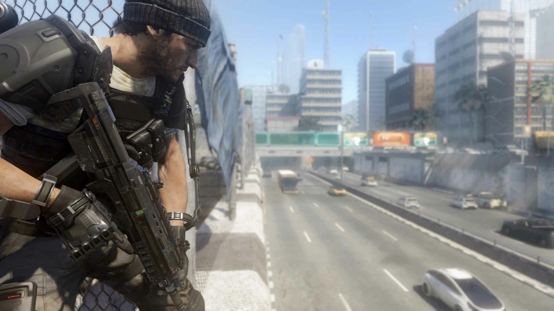 A soldier armed with a gun overlooks a busy highway in an urban environment, capturing the intense atmosphere of Call of Duty: Advanced Warfare in this HD PC desktop wallpaper.