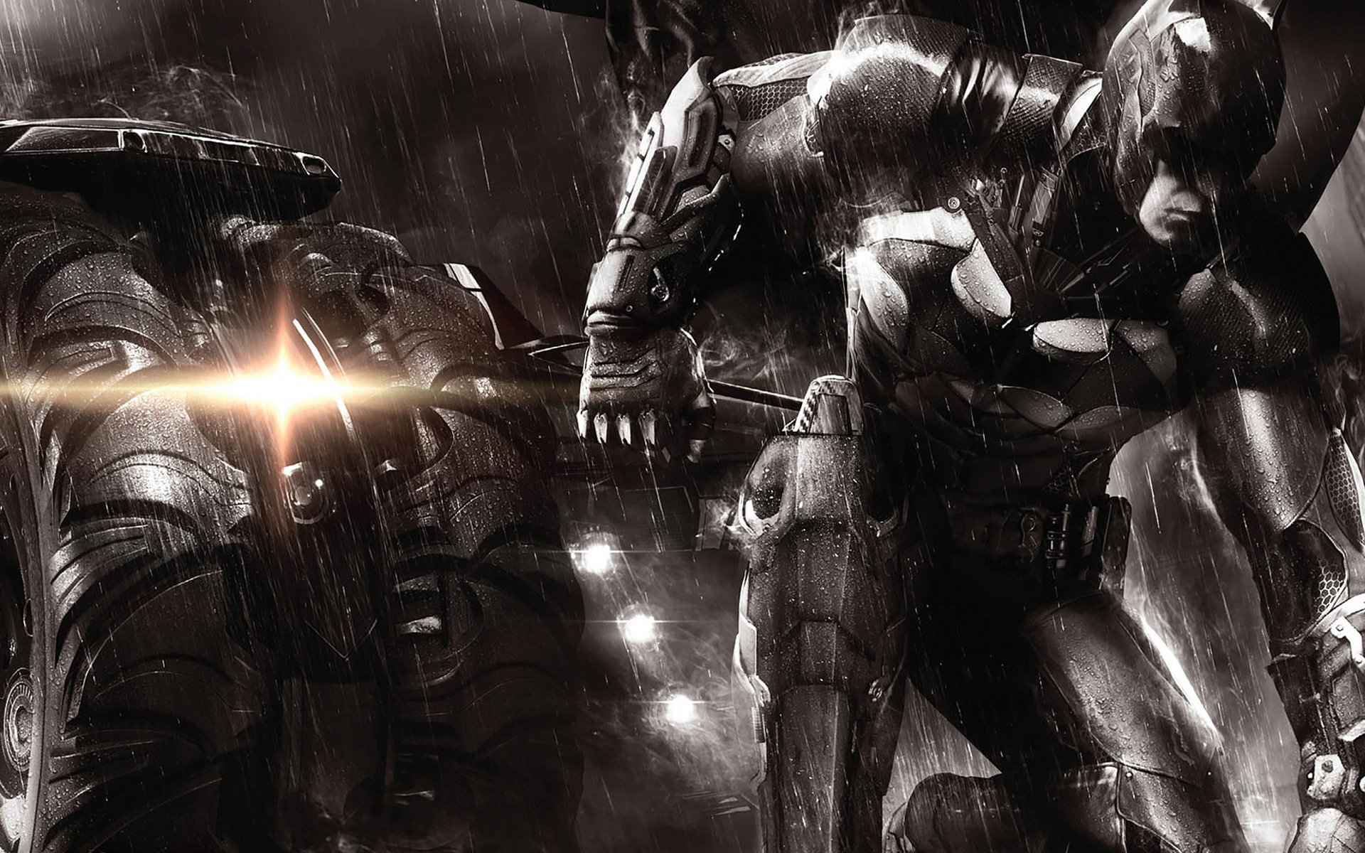 Dark, rainy HD PC wallpaper featuring Batman in armored suit from the video game Batman: Arkham Knight, poised for action in a dramatic nighttime scene.