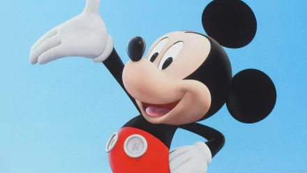 HD PC desktop wallpaper featuring Mickey Mouse from the video game Disney's Magical Mirror Starring Mickey Mouse against a clear blue sky background.