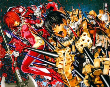 HD PC desktop wallpaper featuring intense anime characters from All You Need Is Kill in dynamic battle poses with detailed combat suits and vibrant colors.