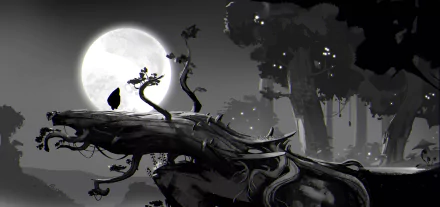 HD PC desktop wallpaper from the video game Ori and the Blind Forest, featuring Ori and a glowing companion on a twisted branch under a bright full moon in a dark forest.