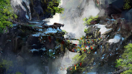 A serene HD wallpaper from the video game Far Cry 4, depicting a lush landscape with a waterfall, stone path, and colorful prayer flags nestled in a mountainous terrain.