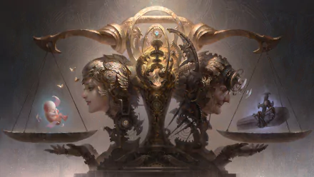 An artistic fantasy wallpaper featuring intricate scales balanced by two elaborate figures, embodying duality in a mystical atmosphere filled with enchanting details.