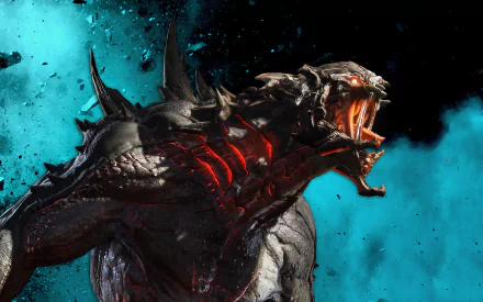 HD PC desktop wallpaper featuring a fierce, armored monster from the video game Evolve, set against a vibrant blue and black background.