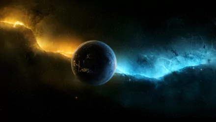 HD PC desktop wallpaper featuring a sci-fi scene with a dark planet illuminated by contrasting yellow and blue cosmic light streaks.