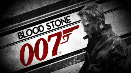 HD PC desktop wallpaper for the video game James Bond 007: Blood Stone, showing the Blood Stone title, bold red 007 logo and a brooding Bond profile on a gritty textured background.