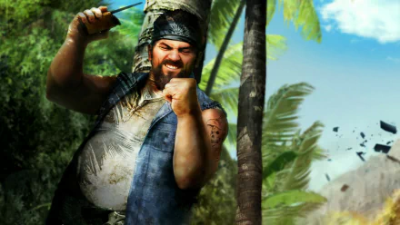 Far Cry 3 video game HD PC desktop wallpaper: snarling island antagonist in a bandana and torn shirt brandishing a knife amid palm trees and a bright blue sky.