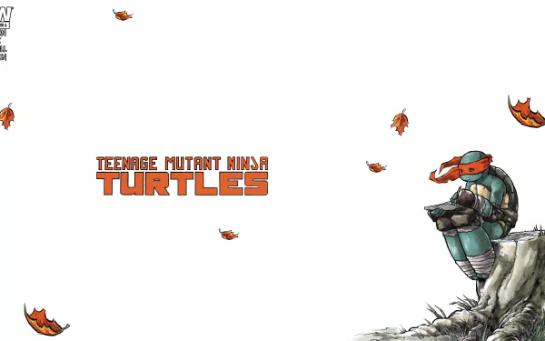 Comic-style Teenage Mutant Ninja Turtles 4K Ultra HD PC desktop wallpaper: solitary Turtle in a red mask sits on a rocky ledge, autumn leaves fall around the logo.