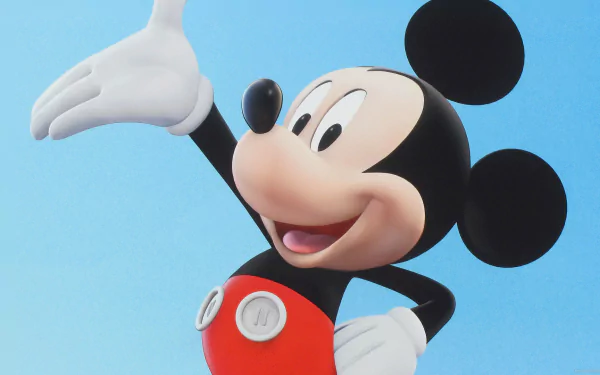 HD PC desktop wallpaper featuring Mickey Mouse from the video game Disney's Magical Mirror Starring Mickey Mouse against a clear blue sky background.