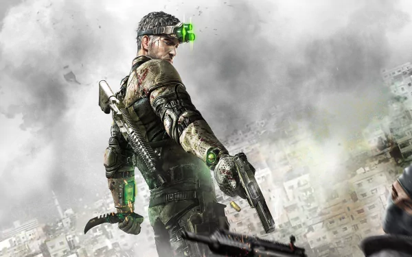 Sam Fisher (Tom Clancy's Splinter Cell: Blacklist) in tactical gear with green night-vision goggles, armed and overlooking a smoky urban battlefield — HD PC desktop wallpaper.