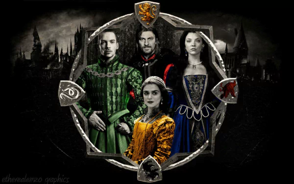 HD PC desktop wallpaper/background for The Tudors TV show: four regal period-costumed characters framed by a heraldic ring against a dark castle skyline.
