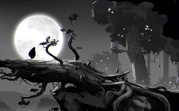 HD PC desktop wallpaper from the video game Ori and the Blind Forest, featuring Ori and a glowing companion on a twisted branch under a bright full moon in a dark forest.