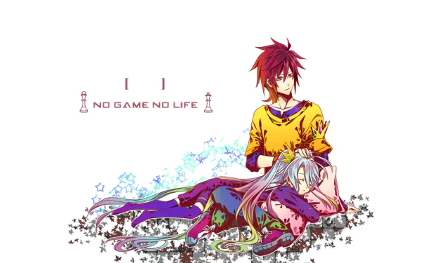 HD desktop wallpaper featuring Sora and Shiro from No Game No Life, depicted in vibrant artwork with floral elements on a white background.