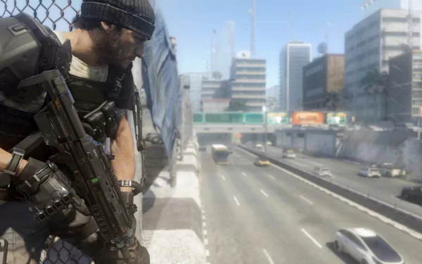 A soldier armed with a gun overlooks a busy highway in an urban environment, capturing the intense atmosphere of Call of Duty: Advanced Warfare in this HD PC desktop wallpaper.