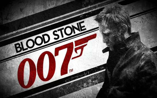 HD PC desktop wallpaper for the video game James Bond 007: Blood Stone, showing the Blood Stone title, bold red 007 logo and a brooding Bond profile on a gritty textured background.