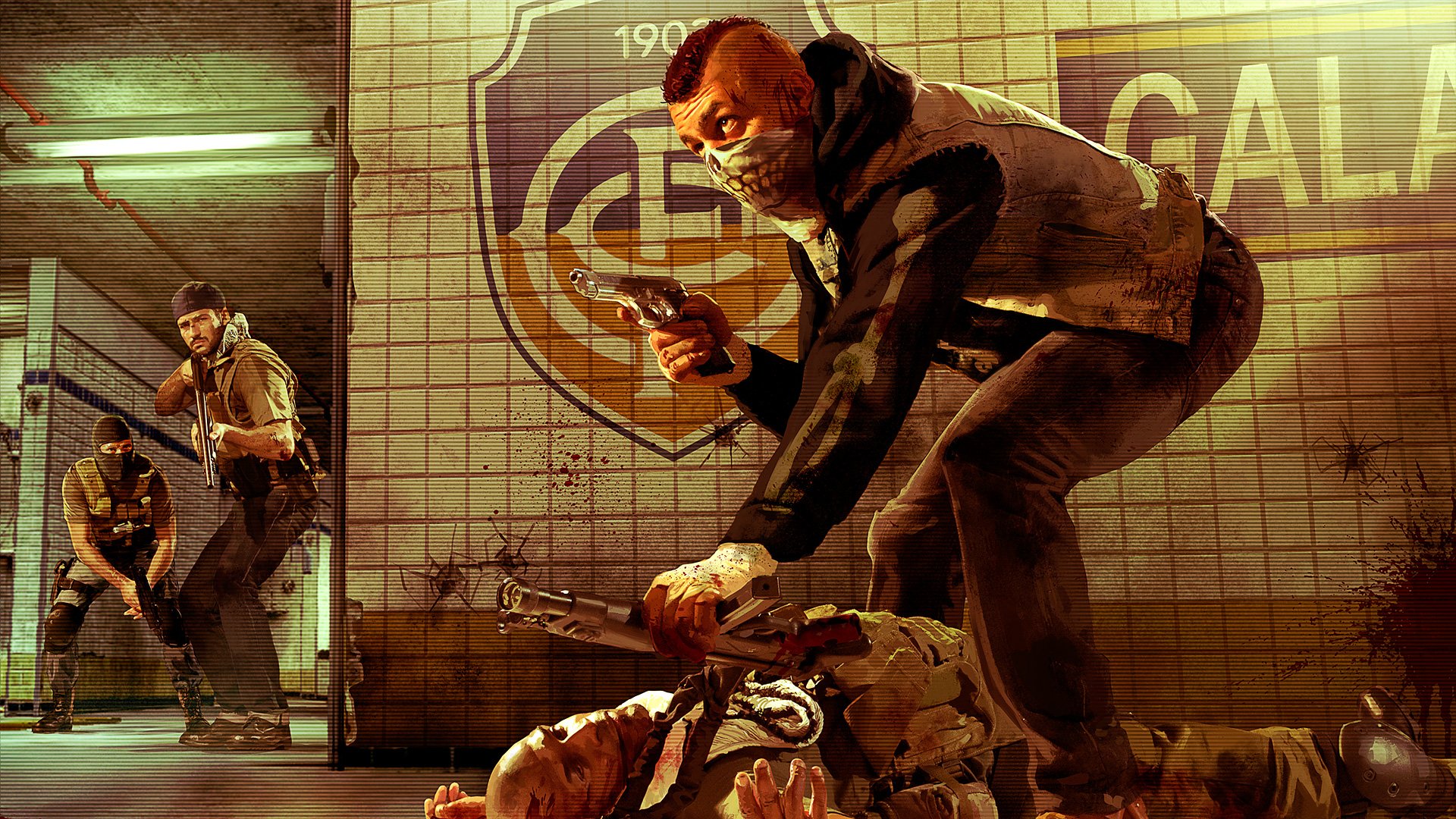 HD PC desktop wallpaper from the video game Max Payne 3, depicting an intense action scene with armed characters in a gritty urban setting.