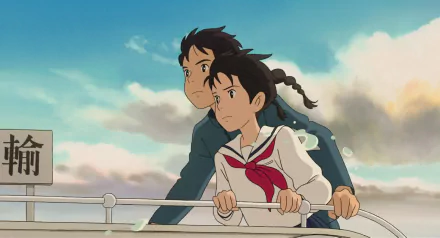 HD desktop wallpaper of two characters from From Up On Poppy Hill looking into the distance with a cloudy sky backdrop.