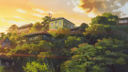HD desktop wallpaper from From Up On Poppy Hill featuring a lush hillside with traditional buildings bathed in the warm glow of a sunset.