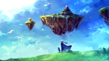 A vibrant HD wallpaper featuring a fantastical landscape with floating islands, inspired by the video game Chrono Trigger, capturing its iconic art style and adventurous spirit.
