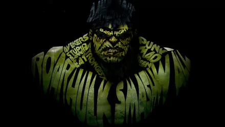 HD desktop wallpaper featuring the Hulk from a comic, with words like Roar, Smash, and Hulk creatively forming his figure.