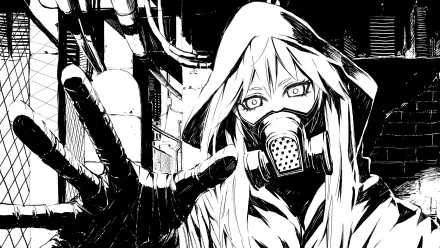 A striking black-and-white artwork of GUMI from Vocaloid, featuring her in a hooded outfit and gas mask, set against an industrial background. This image serves as a vivid HD desktop wallpaper.