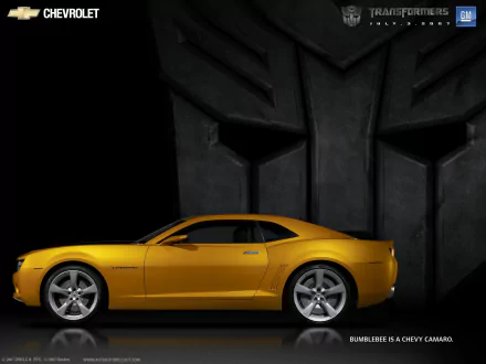 HD desktop wallpaper of a yellow sports car from the Transformers movie, positioned against a dark backdrop with a large robotic silhouette.