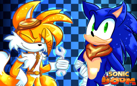 Vibrant HD wallpaper featuring Miles 'Tails' Prower and Sonic from the TV show Sonic Boom, set against a dynamic checkered background, showcasing their adventurous spirit.