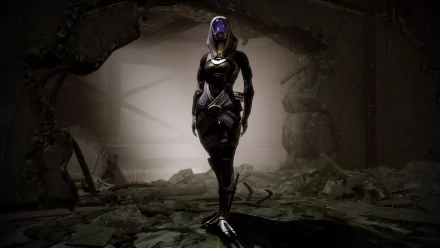 HD PC desktop wallpaper featuring Tali'Zorah from the Mass Effect video game series standing in a dark, ruined environment.