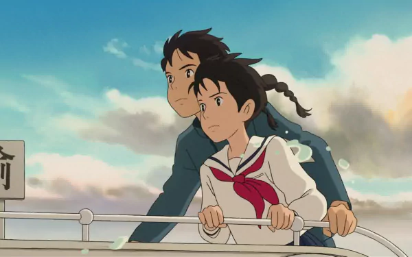 HD desktop wallpaper of two characters from From Up On Poppy Hill looking into the distance with a cloudy sky backdrop.