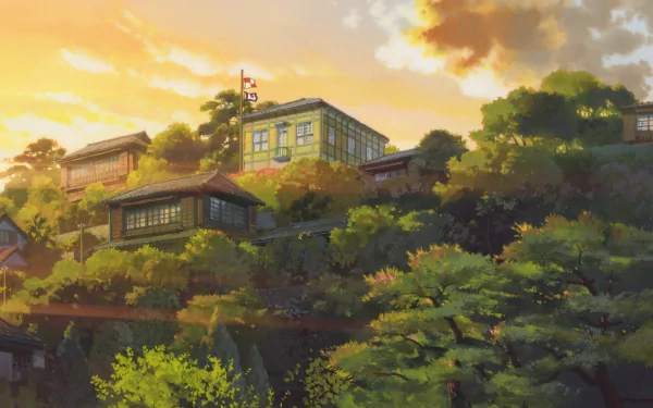HD desktop wallpaper from From Up On Poppy Hill featuring a lush hillside with traditional buildings bathed in the warm glow of a sunset.
