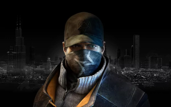 Aiden Pearce, the protagonist from the video game Watch Dogs, features prominently in this high-definition desktop wallpaper, set against a dramatic urban backdrop.