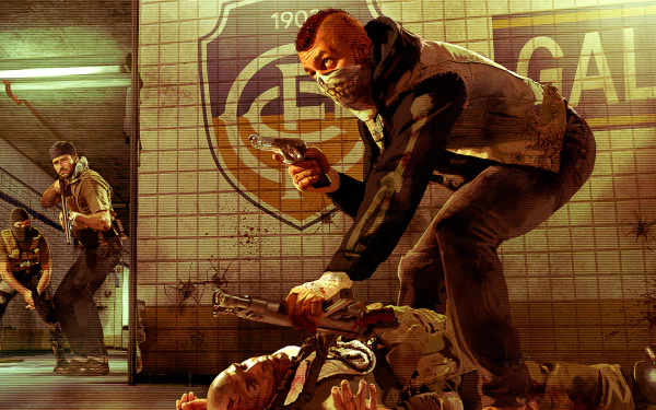 HD PC desktop wallpaper from the video game Max Payne 3, depicting an intense action scene with armed characters in a gritty urban setting.