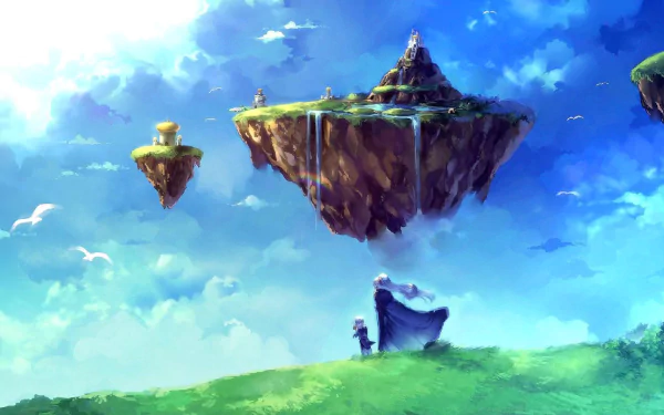 A vibrant HD wallpaper featuring a fantastical landscape with floating islands, inspired by the video game Chrono Trigger, capturing its iconic art style and adventurous spirit.