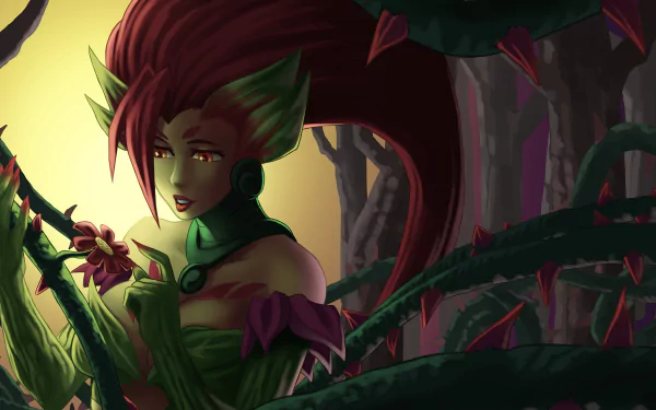 HD PC desktop wallpaper featuring Zyra from the video game League of Legends, surrounded by dark, thorny vines in a mysterious forest setting.