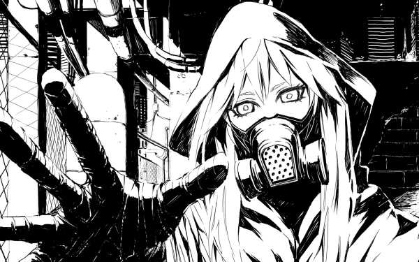 A striking black-and-white artwork of GUMI from Vocaloid, featuring her in a hooded outfit and gas mask, set against an industrial background. This image serves as a vivid HD desktop wallpaper.