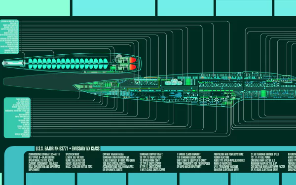 High-resolution 8K Ultra HD Star Trek Sci-Fi schematic of the U.S.S. Solar Ion, showcasing intricate technical details and measurements on a futuristic digital interface.